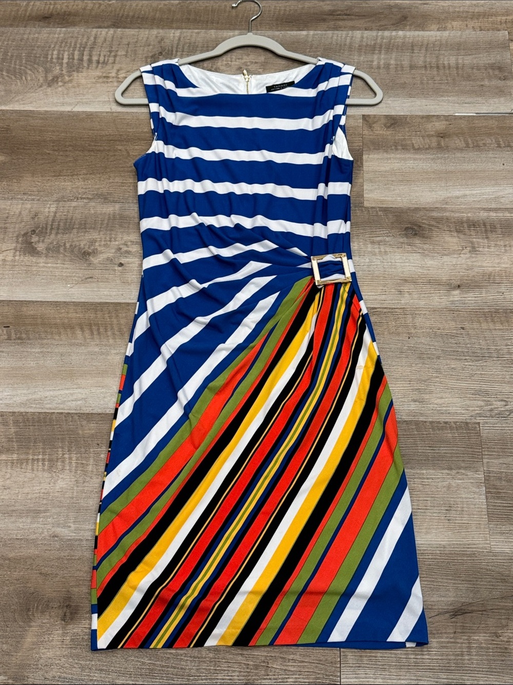 Tahari Arthur S. Levine Boat Neck Striped Sheath Dress with Buckle Side Ruching